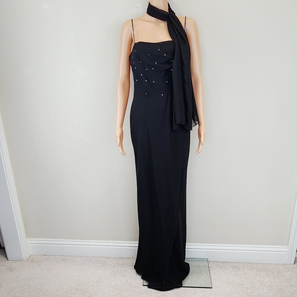Thea Dora black spaghetti straps formal dress with scarf